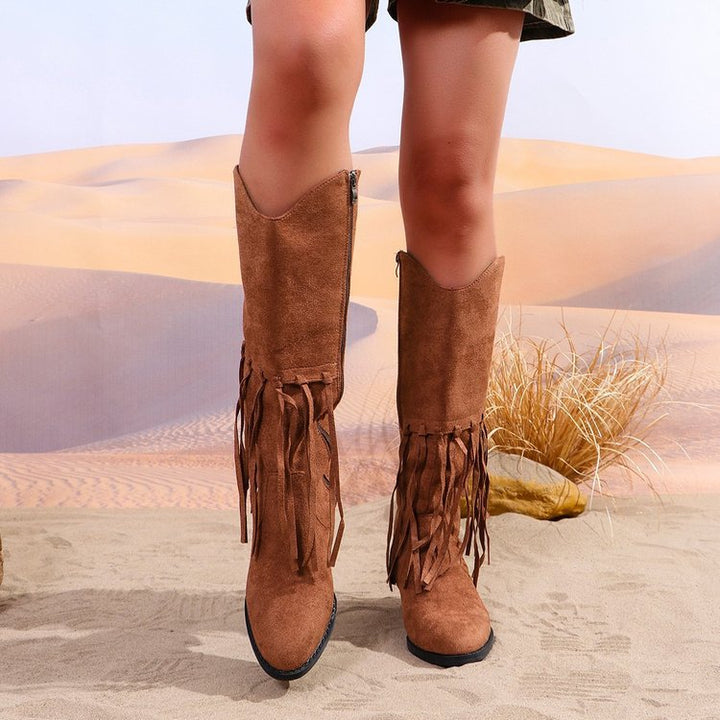 Ladies fringed cowboy boots made of suede with pointed toe and side zipper Mune Fashion