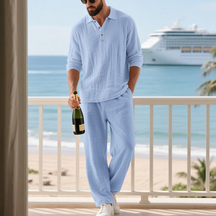 Men's relaxed cotton muslin resort set with polo collar button placket and wide comfort waistband Mune Fashion