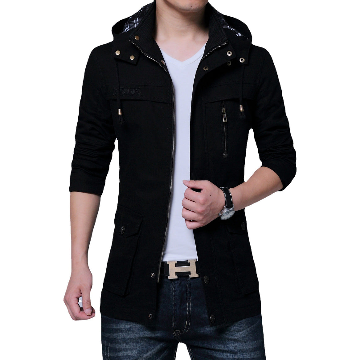 Men's Urban Cotton Blend Hooded Jacket with Cargo and Zipper Pockets Mune Fashion