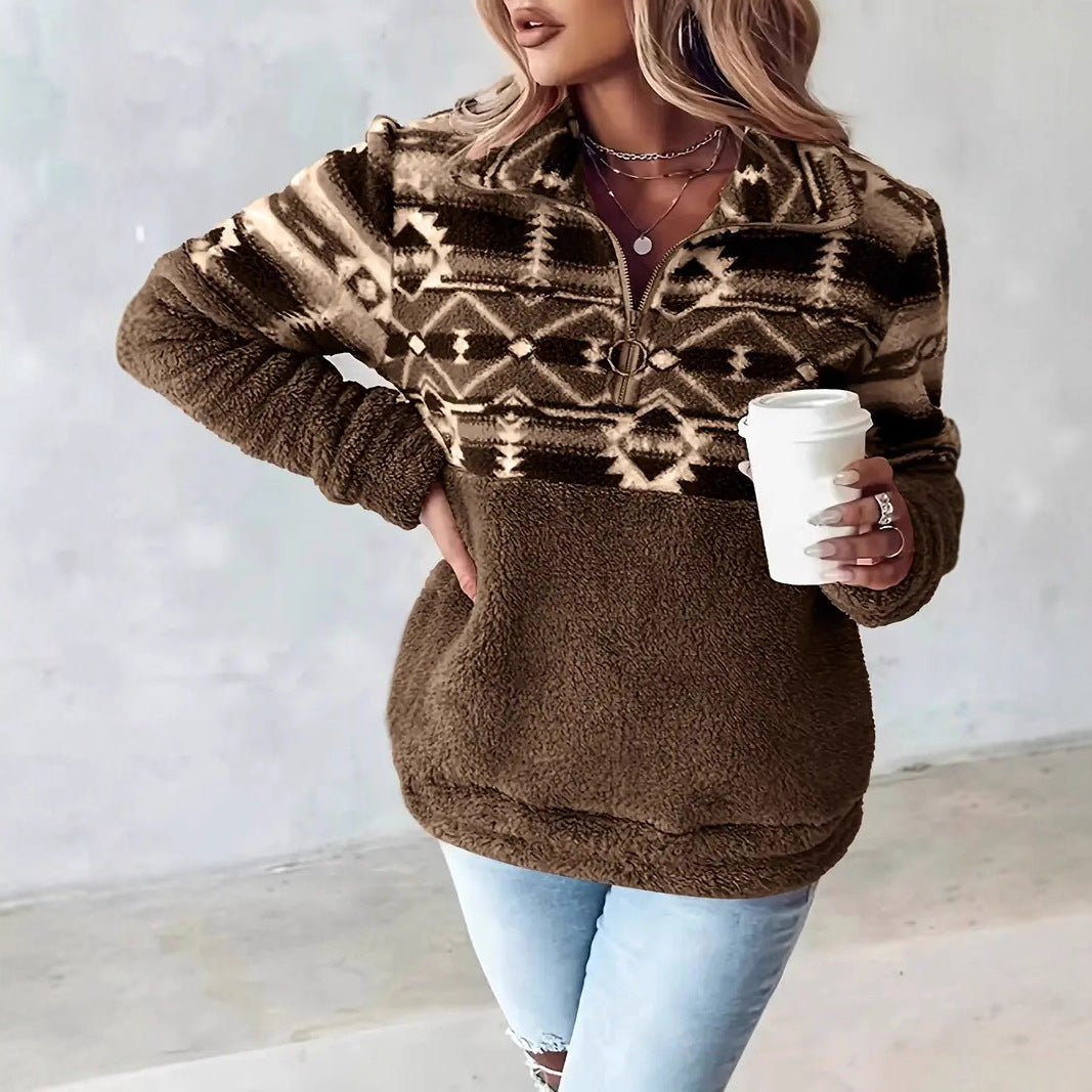 Women's Fleece Pullover with Modern Aztec Pattern and Stand-Up Collar Mune