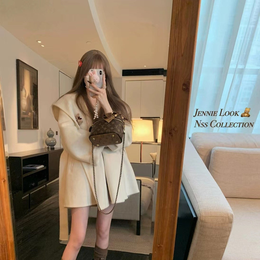 Women's Oversized Wool Coat with Hood and Waist Belt Mune Fashion