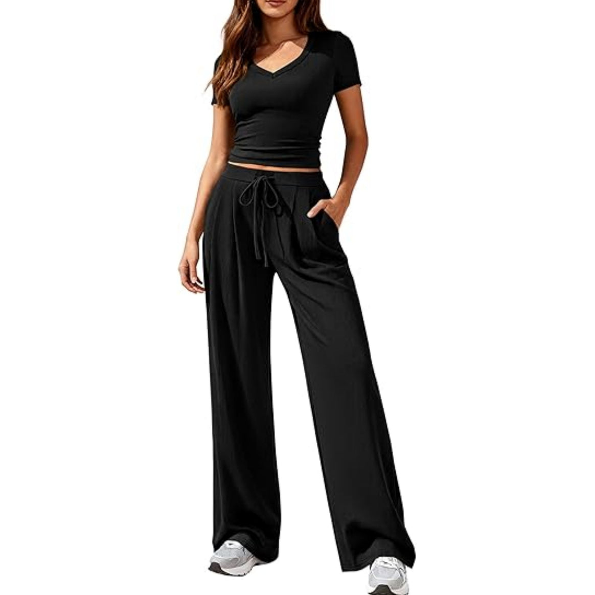 Ladies Casual Lounge Set with Tailored V-Neck Cropped Top and Loose Drawstring Pants Mune Fashion