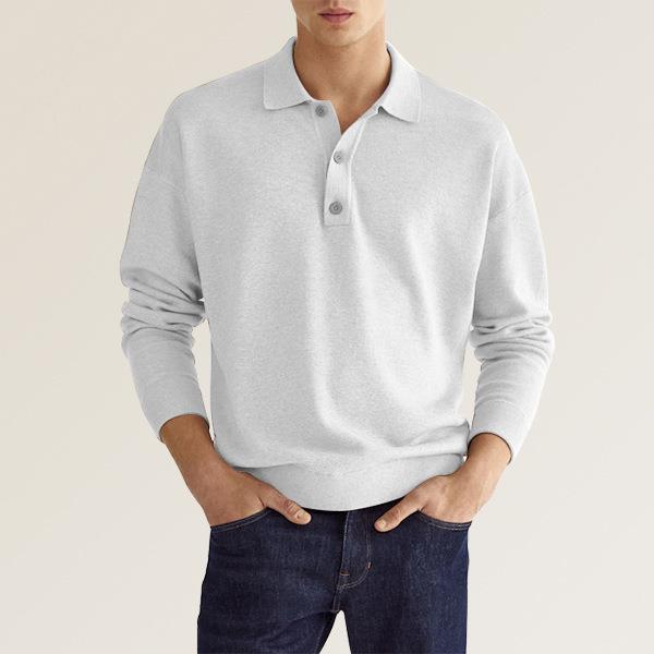 Men's fine knit polo sweater with long sleeves, ribbed cuffs, and subtle button placket EB