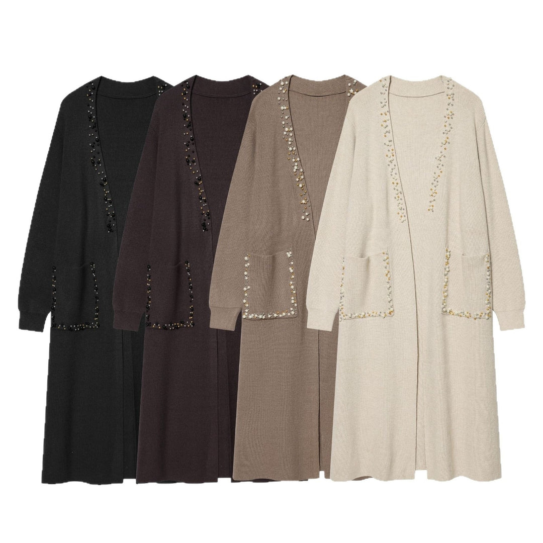 Women's long knitted cardigan with pearl trim and patch pockets Mune Fashion