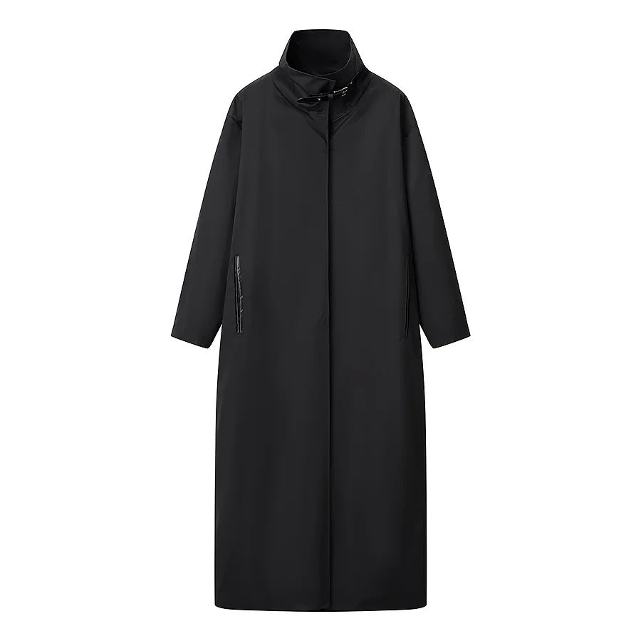 Women's longer water-repellent coat in cocoon cut with adjustable standing collar Mune Fashion