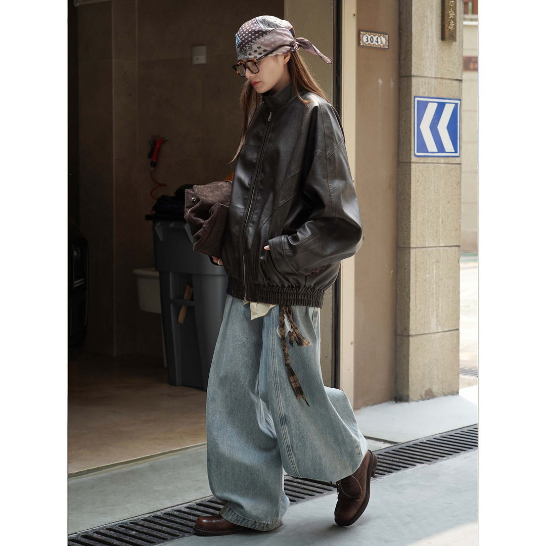 Women's Oversized Leather Bomber Jacket with Stand-up Collar, Concealed Zipper and Gathered Hem Mune Fashion