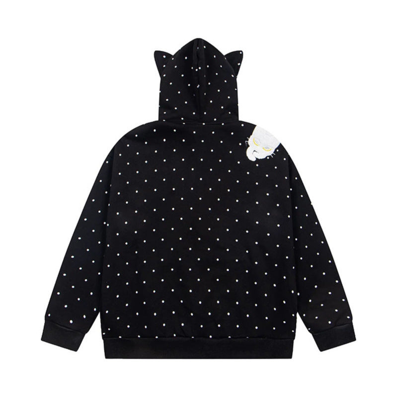 Women's hoodie sweatshirt jacket with cat ears, all-over polka dot and chenille cat applique Mune Fashion