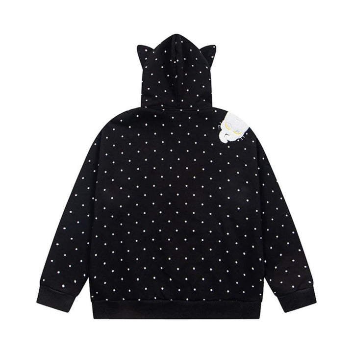 Women's hoodie sweatshirt jacket with cat ears, all-over polka dot and chenille cat applique Mune Fashion
