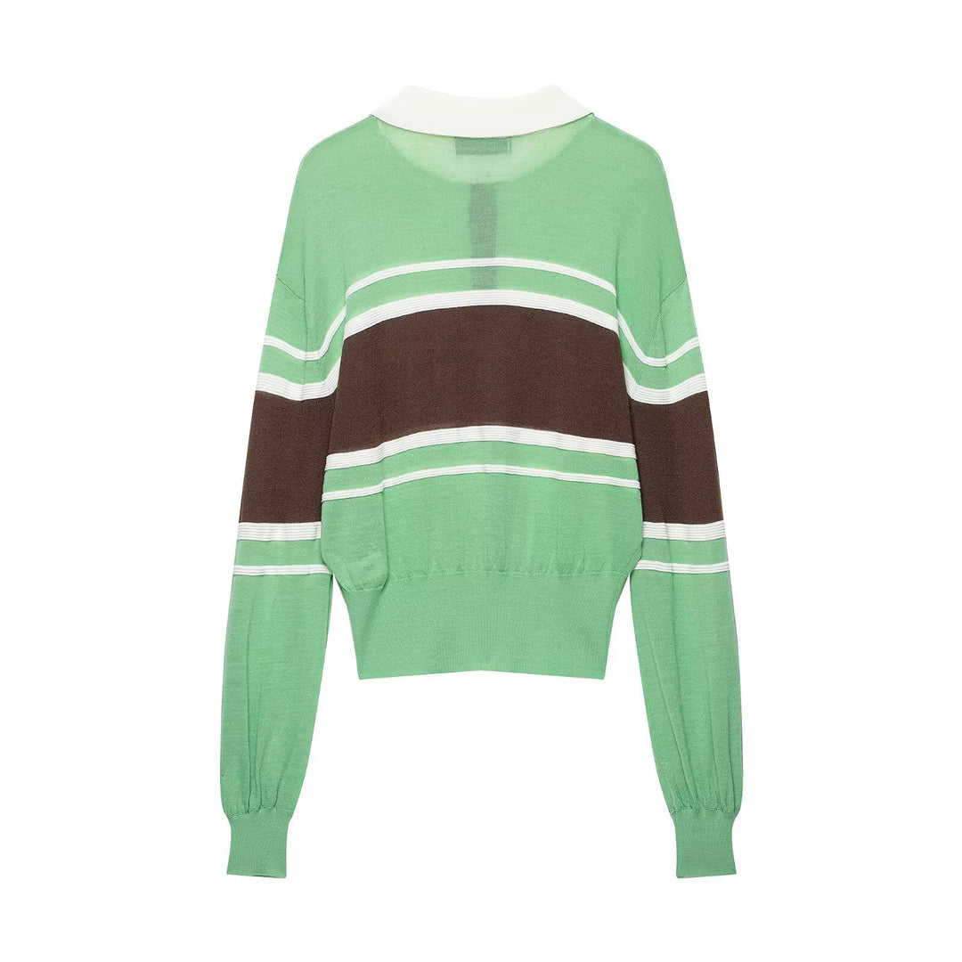 Women Striped Fine Knit Rugby Sweater with Polo Collar and Cropped Hem Mune Fashion
