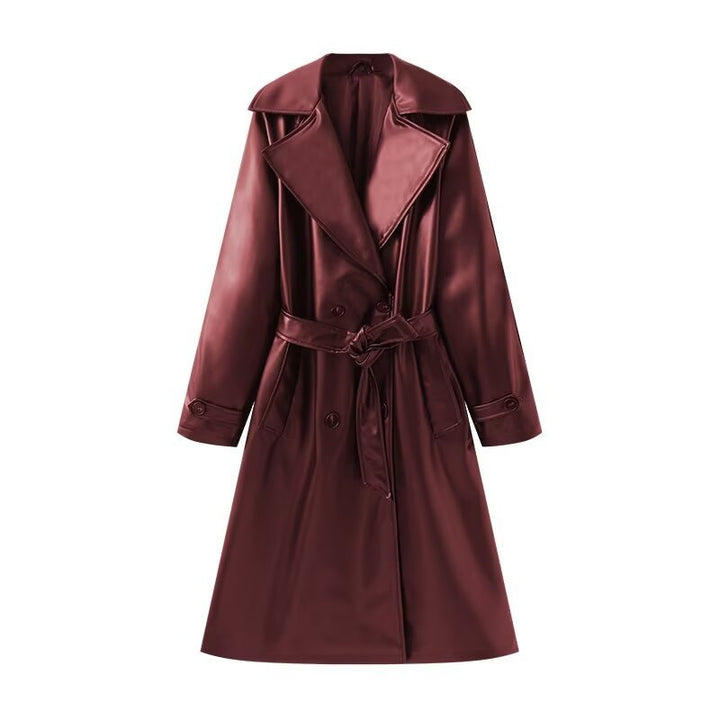 Women's Long Shiny Trench Coat Transition Jacket in Leather Look with Waist Belt Mune Fashion