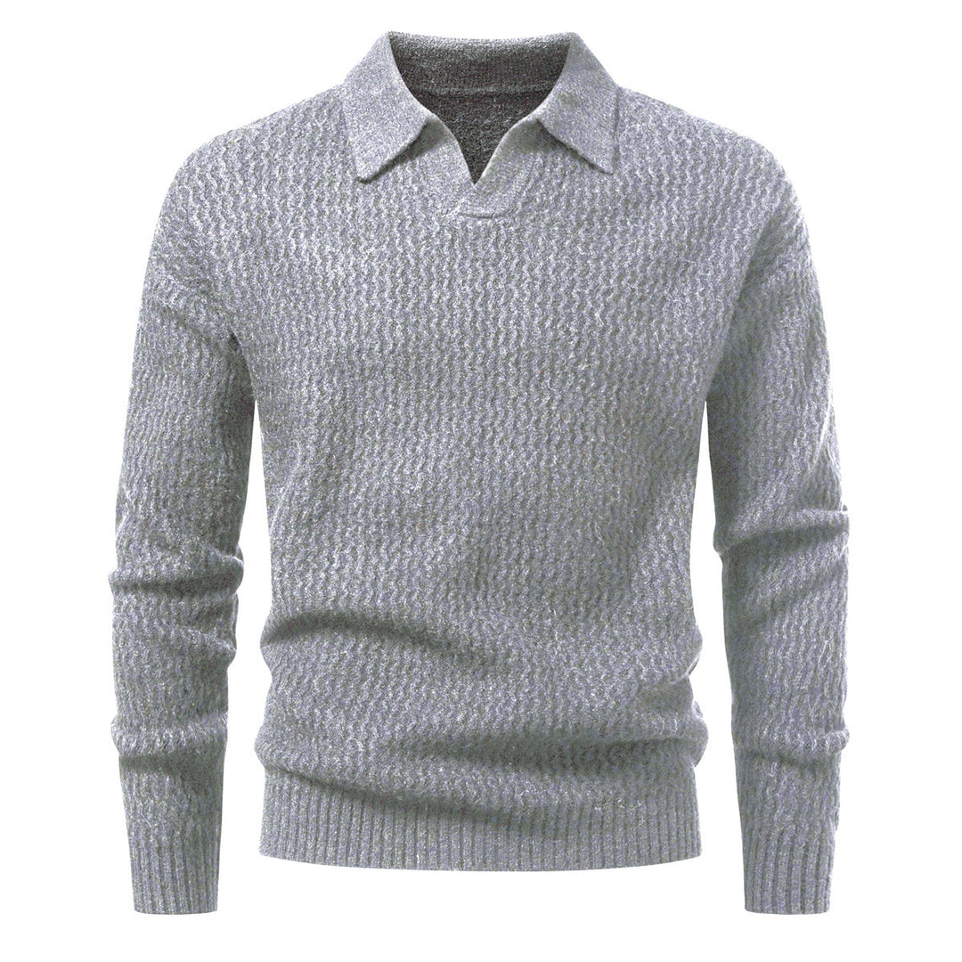 Men's polo collar fine knit sweater with textured wave design and ribbed hem Mune Fashion