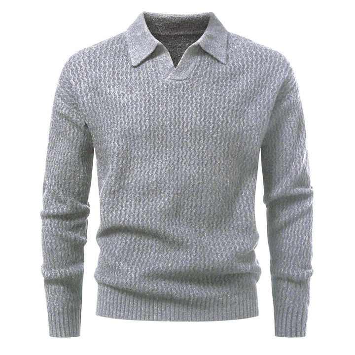Men's polo collar fine knit sweater with textured wave design and ribbed hem Mune Fashion