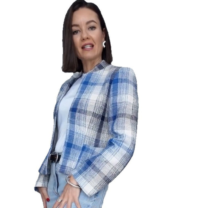 Women Boxy Checkered Short Blazer with Stand-Up Collar and Structured Shoulder Mune Fashion