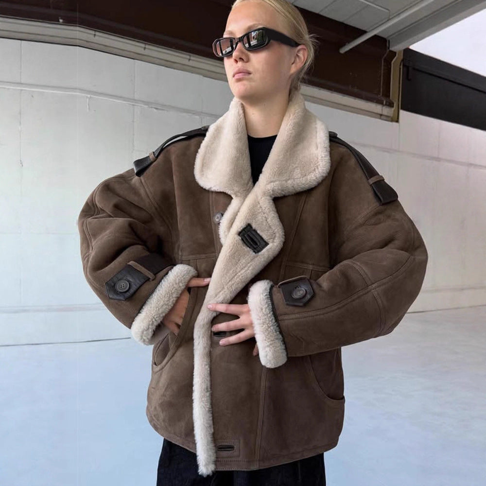 Women Oversize Shearling-Faux Flight Jacket with Contrasting Trim & Buckle Details Mune Fashion