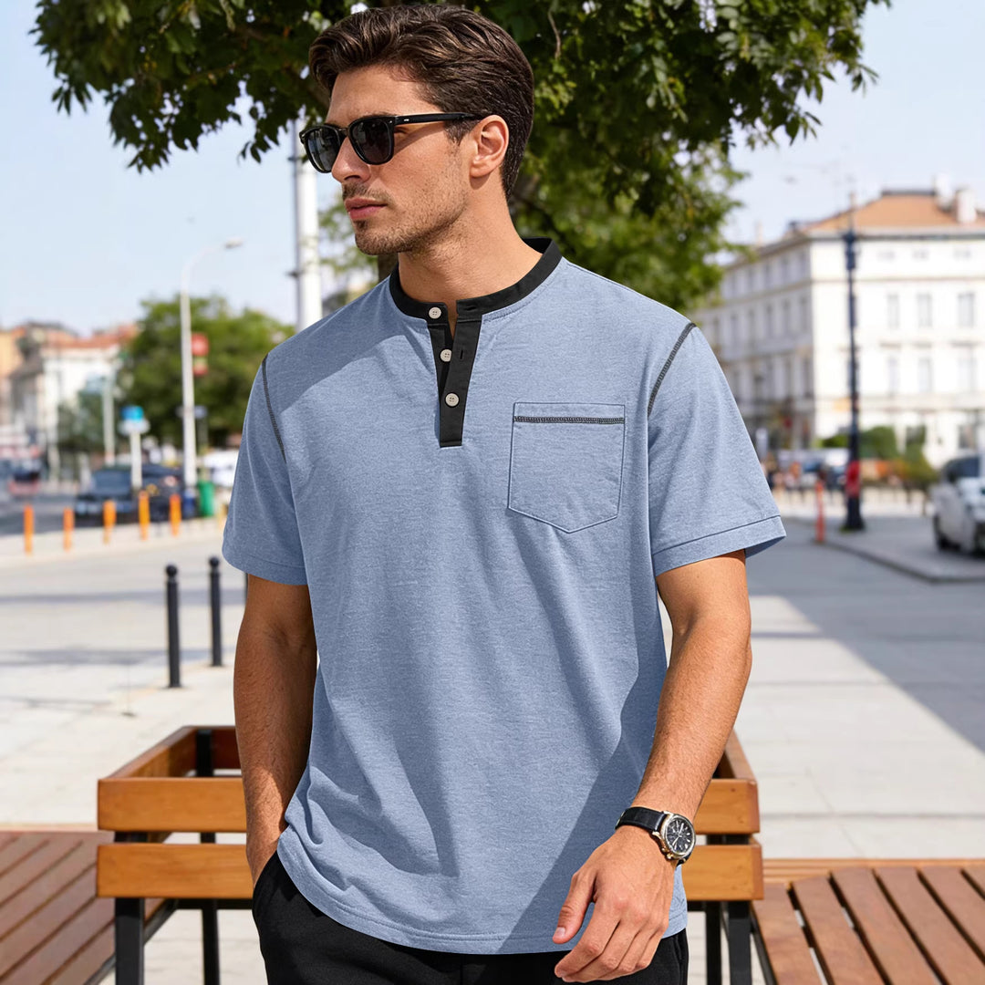Men's short-sleeve band collar shirt with button placket, chest pocket, and flatlock seams Mune Fashion