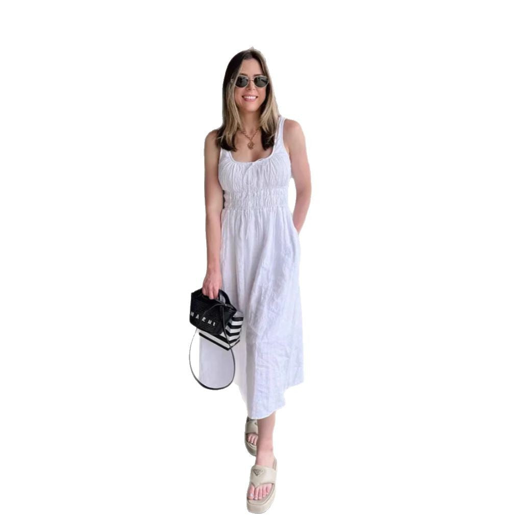 Women's knee-length linen look dress with smocked bodice, elastic waistband and wide straps Mune Fashion