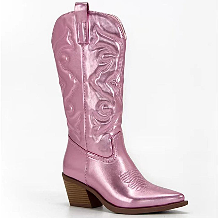 Ladies nan metallic western boots with mid-high shaft decorative embroidery and side zipper Mune Fashion