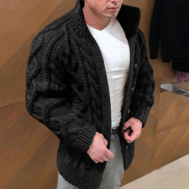 Men's Chunky Cable Knit Cardigan with High Standing Collar and Horn Buttons Mune Fashion