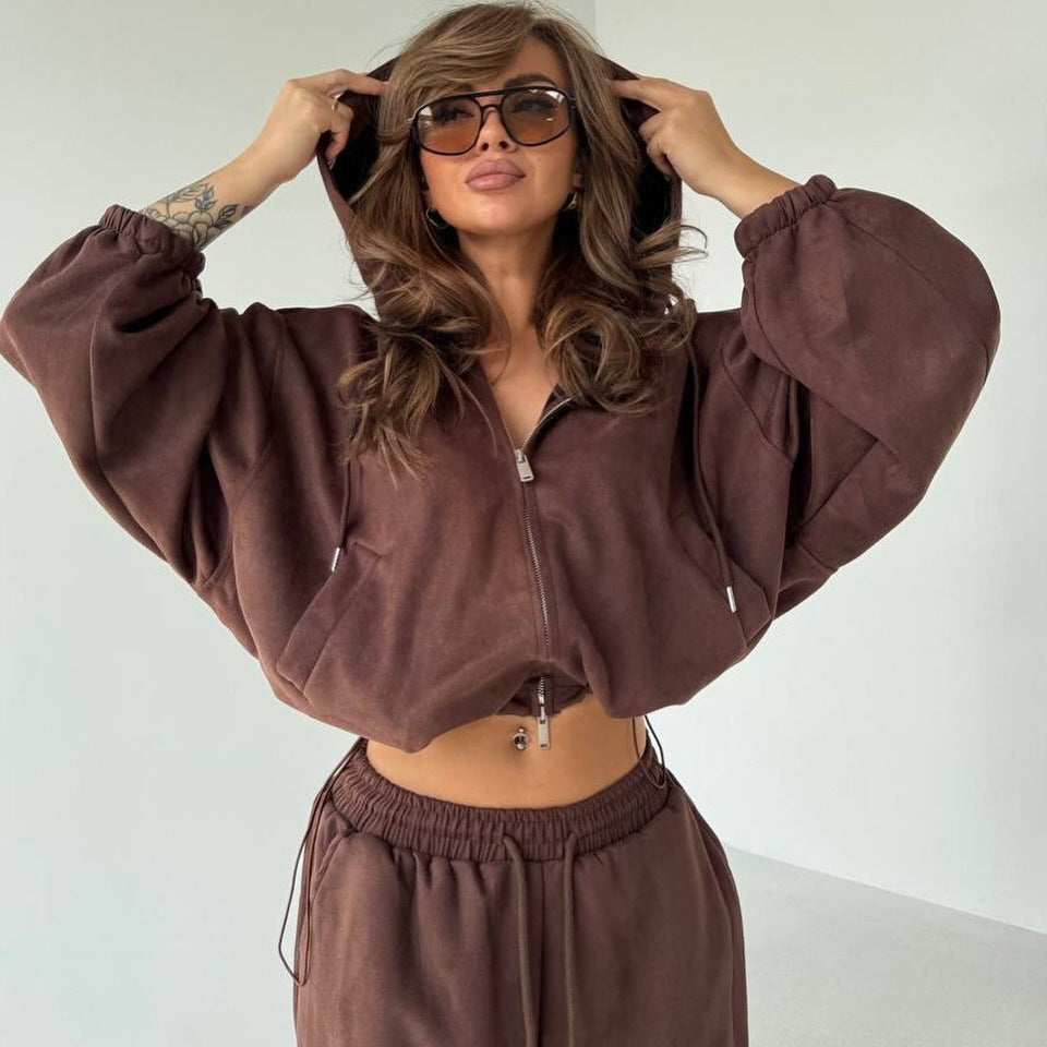 Women Velvet Cropped Hoodie with Balloon Sleeves and Wide Palazzo Sweatpants Mune Fashion