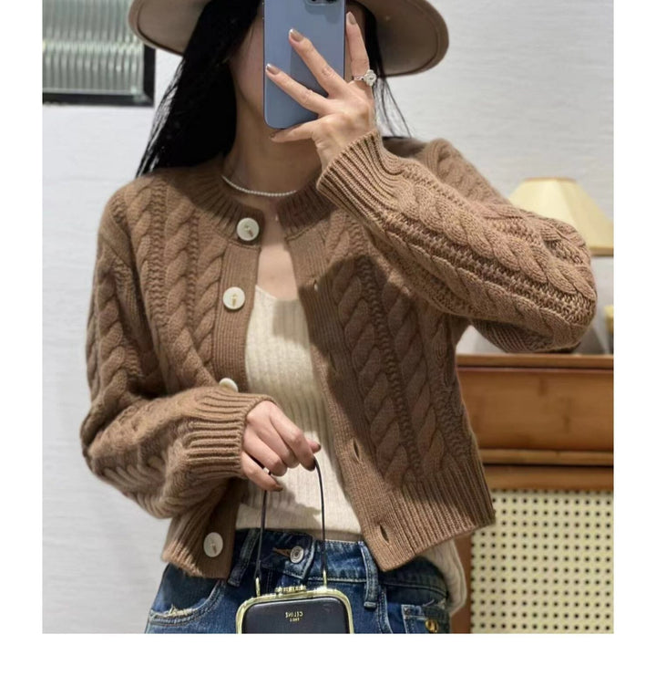 Women Short Braided Knit Cardigan with Wide Rib Hem and Large Buttons Mune Fashion