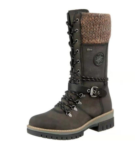 Women's ankle to calf height lace-up boots with knitted cuff, waterproof membrane, decorative buckle tab and sturdy tread sole Mune Fashion