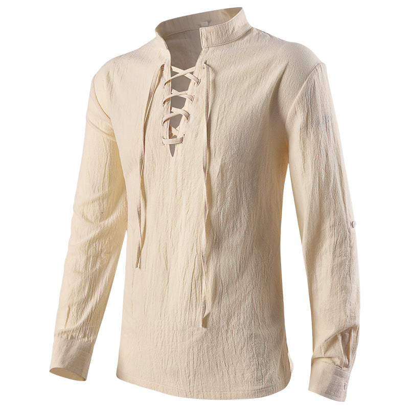 Men's casual short-sleeve shirt with laced V-neck, short stand-up collar, and soft cotton blend Mune Fashion