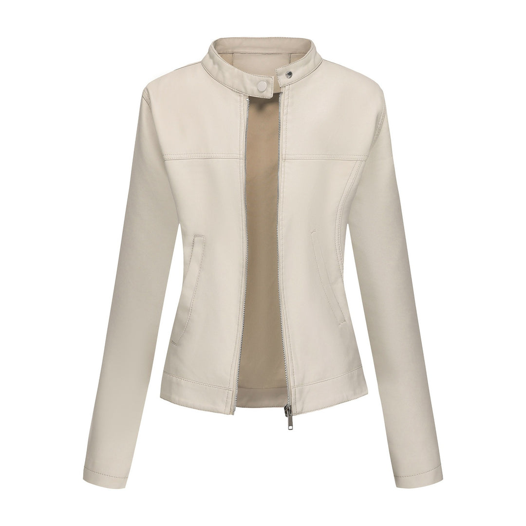 Ladies' tailored faux leather jacket with stand-up collar, concealed zipper, and clean minimal design Mune Fashion