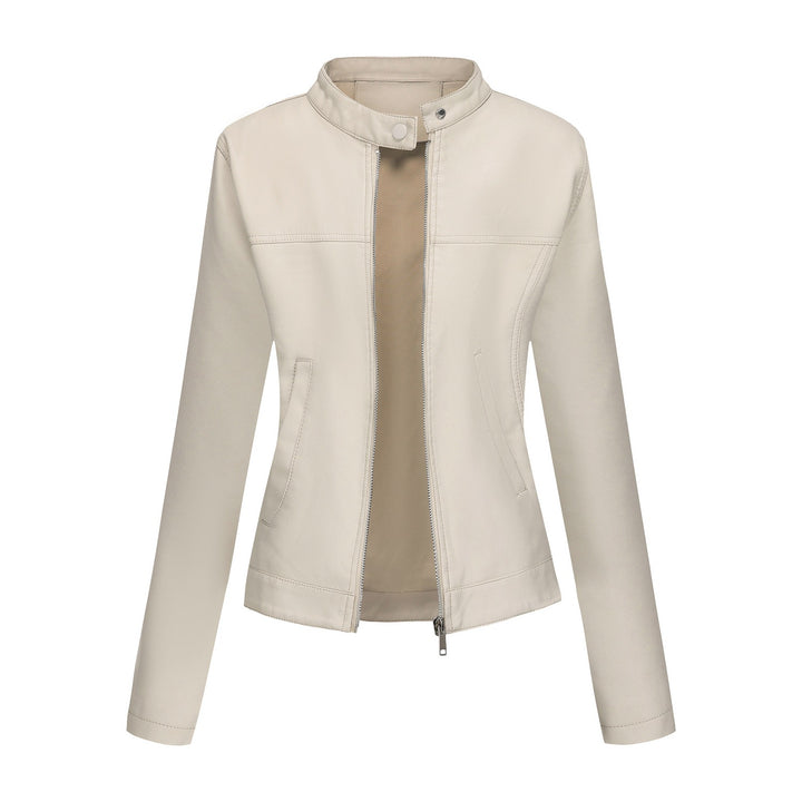 Ladies' tailored faux leather jacket with stand-up collar, concealed zipper, and clean minimal design Mune Fashion