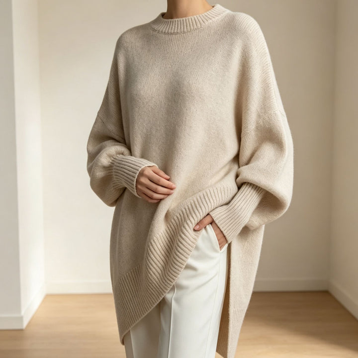 Women's Oversize Longline Fine Knit Sweater with Raglan Sleeves and Ribbed Hem Mune Fashion