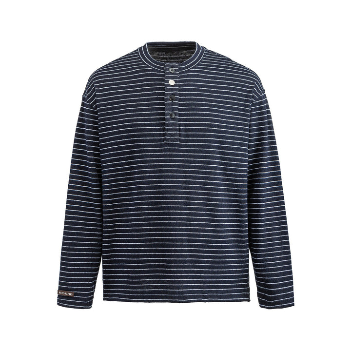 Men's Fine Knit Henley Shirt with Short Button Placket and Horizontal Stripe Pattern Mune Fashion
