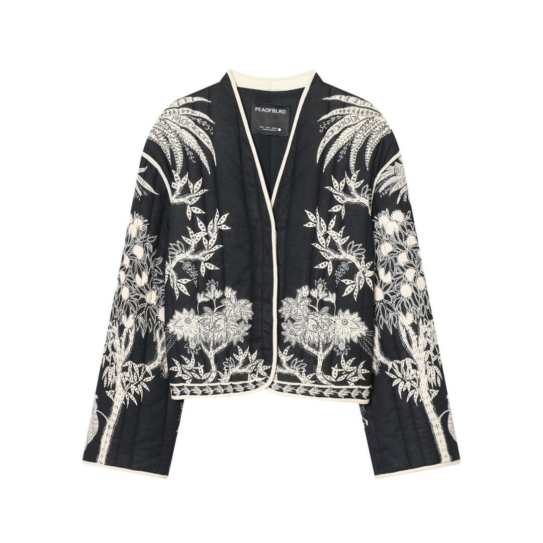 Women nan kimono-style quilted jacket with floral embroidery and contrast piping Mune Fashion