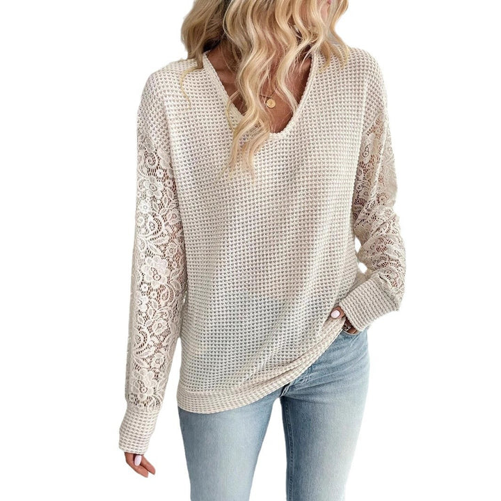 Women's slightly tailored waffle knit sweater with floral lace inserts on the sleeves Mune Fashion