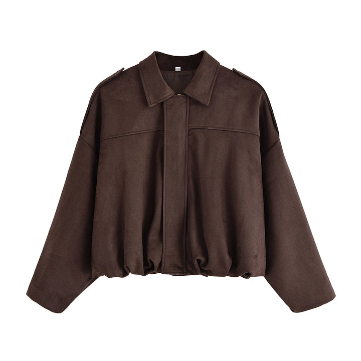 Ladies Oversized Suede Jacket with Shoulder Flaps, Concealed Button Placket and Elastic Hem Mune Fashion