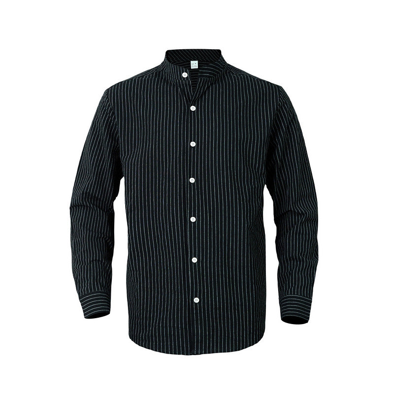 Men's striped stand-up collar shirt made of linen-cotton blend with button placket Mune Fashion