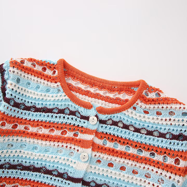 Women's crochet cardigan with lace pattern, striped texture and three-quarter sleeves Mune Fashion
