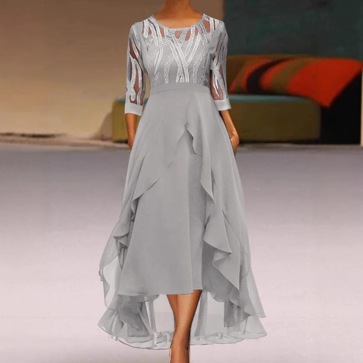 Women's elegant chiffon evening dress with embroidered tulle bodice, three-quarter sleeves, and asymmetric tiered hem Mune Fashion
