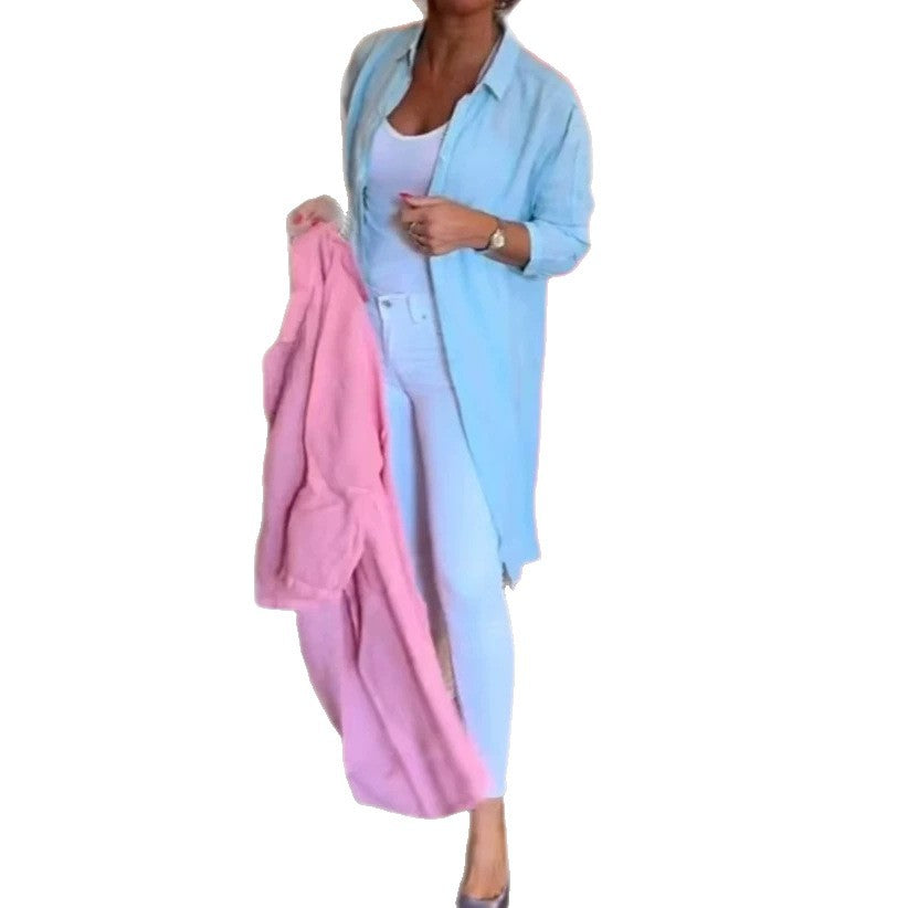Women's open long blouse in linen mix with Kent collar, dropped shoulder and side slits Mune Fashion
