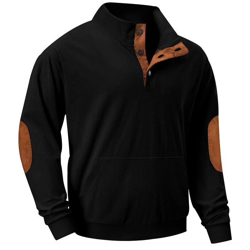 Men's fine ribbed stand-up collar sweater with button placket, kangaroo pocket, and suede elbow patches Mune Fashion