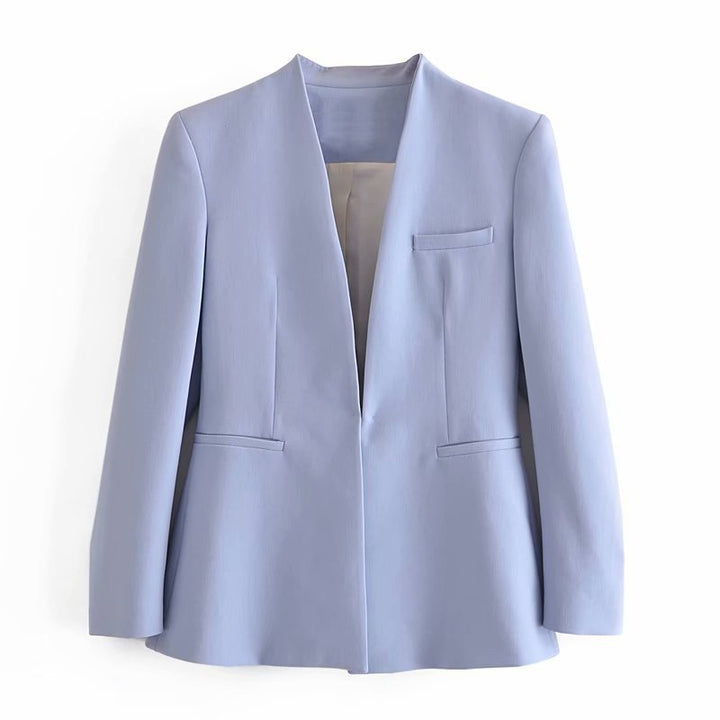 Women Tailored Blazer without Lapels with Open Front and Welt Pockets Mune Fashion