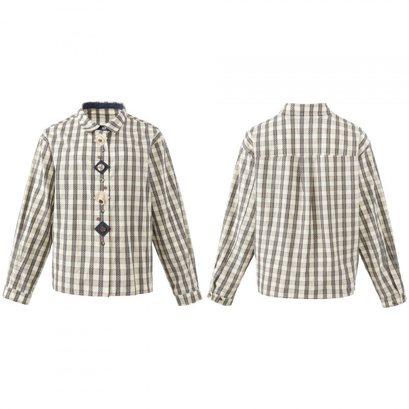 Women's Boxy Shirt Jacket with Geometric Check Pattern and Decorative Button Placket Mune Fashion