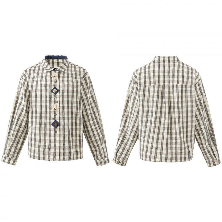 Women's Boxy Shirt Jacket with Geometric Check Pattern and Decorative Button Placket Mune Fashion