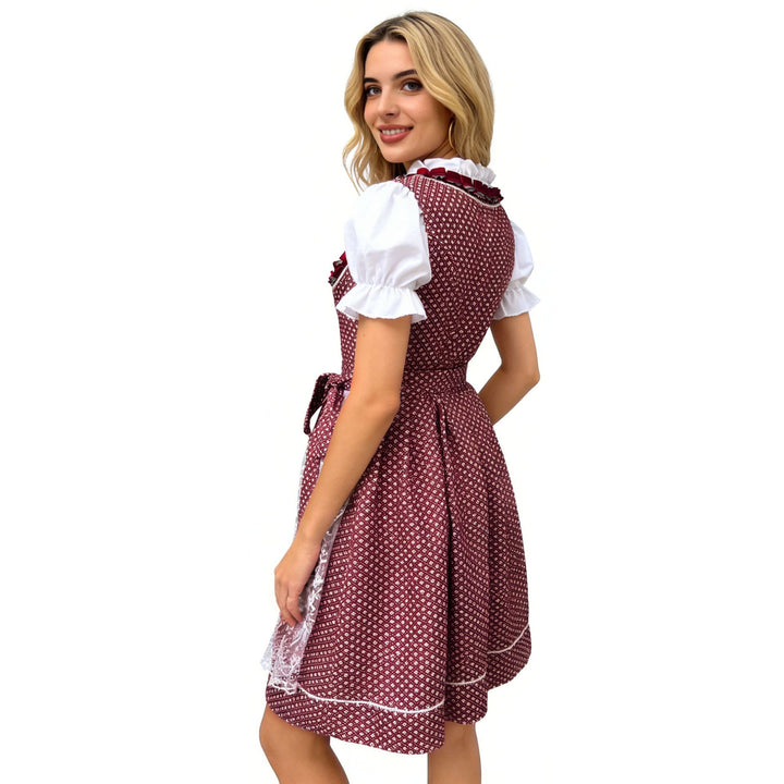 Women's traditional Dirndl dress with heart-shaped neckline, laced waist, and lace apron Mune Fashion