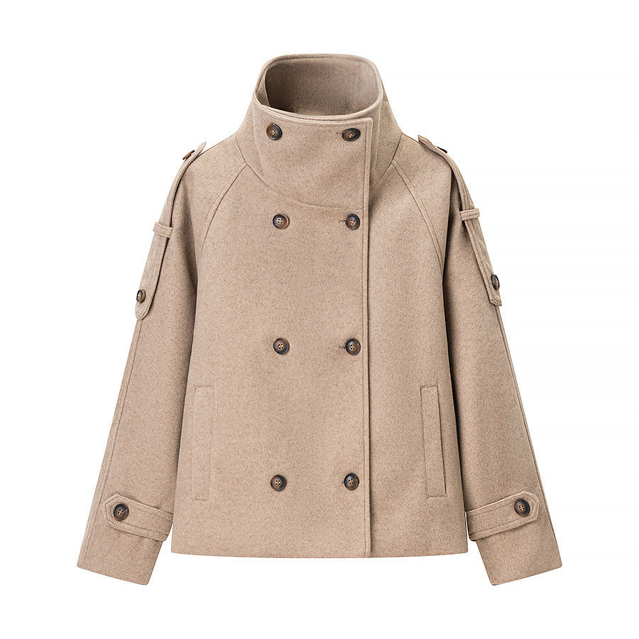Women's Short Cut Double-Breasted Wool Blend Coat with High Standing Collar and Shoulder Straps Mune Fashion