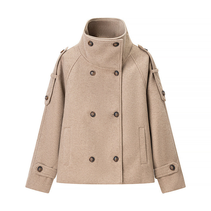 Women's Short Cut Double-Breasted Wool Blend Coat with High Standing Collar and Shoulder Straps Mune Fashion