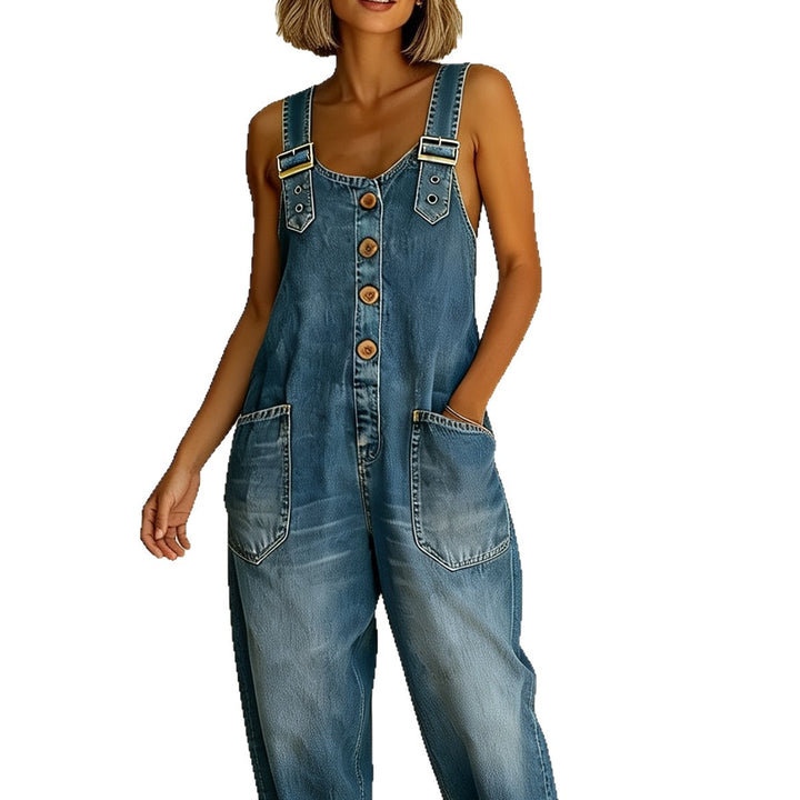 Women's Wide Denim Dungarees with Button Placket, Adjustable Straps and Patch Pockets Mune Fashion