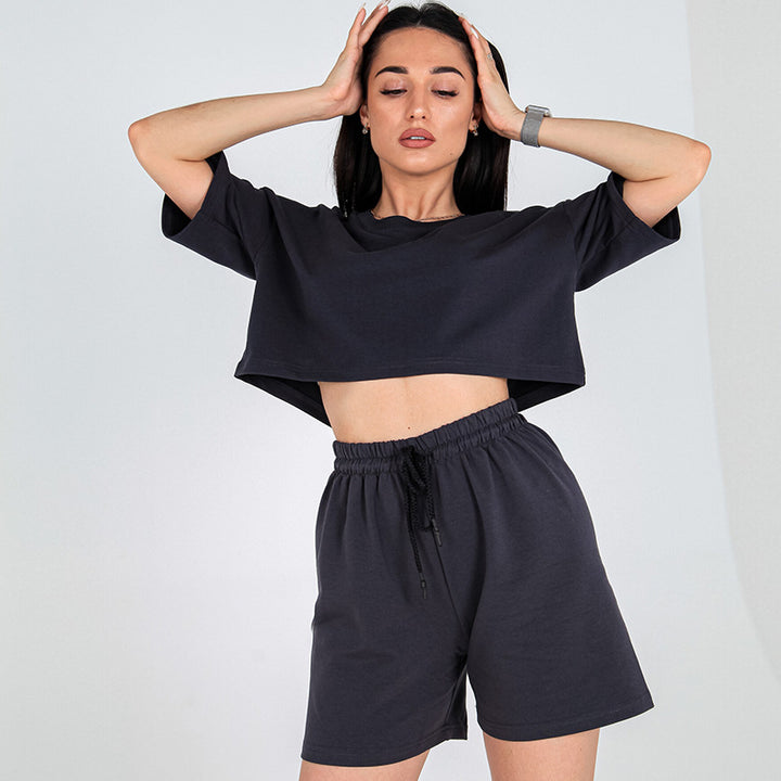 Women Two-Piece Cropped Lounge Set made of Cotton Jersey with Elastic Drawstring Shorts Mune Fashion