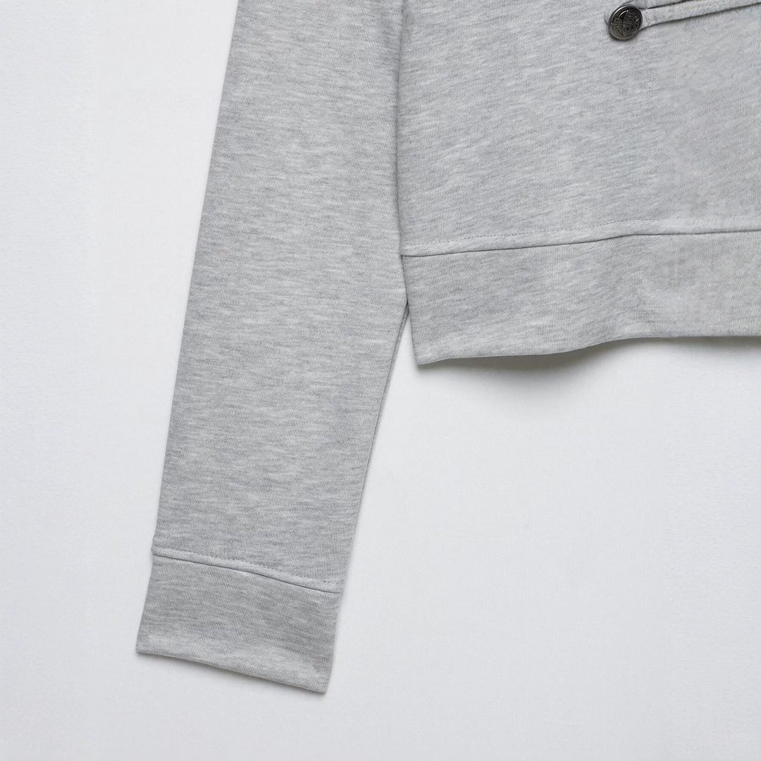 Women's Cropped Sweat Jacket with Stand Collar and Decorative Button Placket Mune Fashion