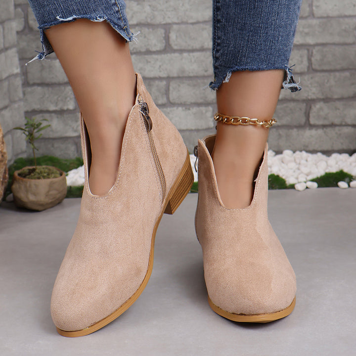 Ladies V-neck ankle boots made of suede look with side zipper and low wooden block sole Mune Fashion