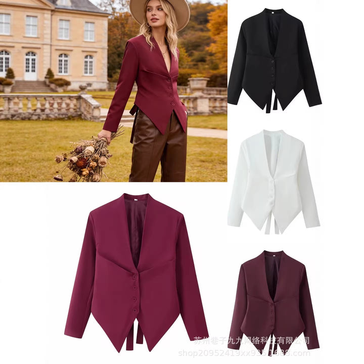 Women Asymmetrical Blazer Jacket with Deep V-Neck and Pointed Hem Mune Fashion