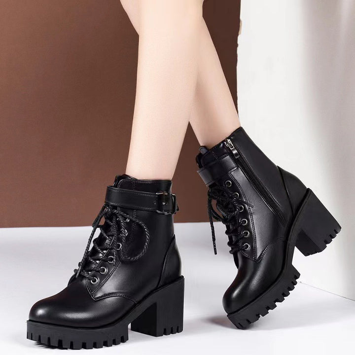 Women's platform lace-up ankle boots made of synthetic leather with profiled rubber sole and adjustable buckle strap Mune Fashion